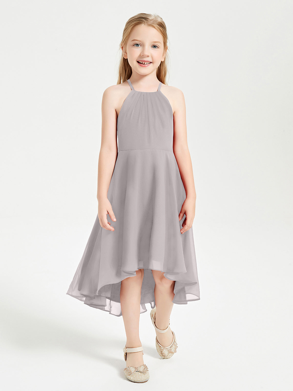 Tea Length Junior Bridesmaid Dresses with Asymmetrical Skirts Silver